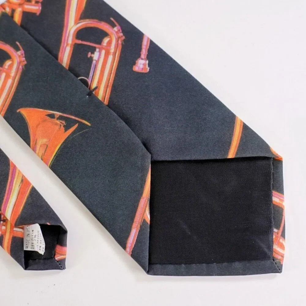 Vintage Ralph Marlin Light Black Orange Trumpeter Short Polyester Tie‎